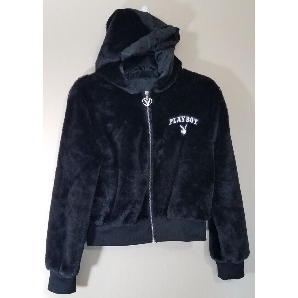 Playboy Jacket Women sz M Black Full Zip Faux Fur Lined Hooded Sweater Bunny NEW